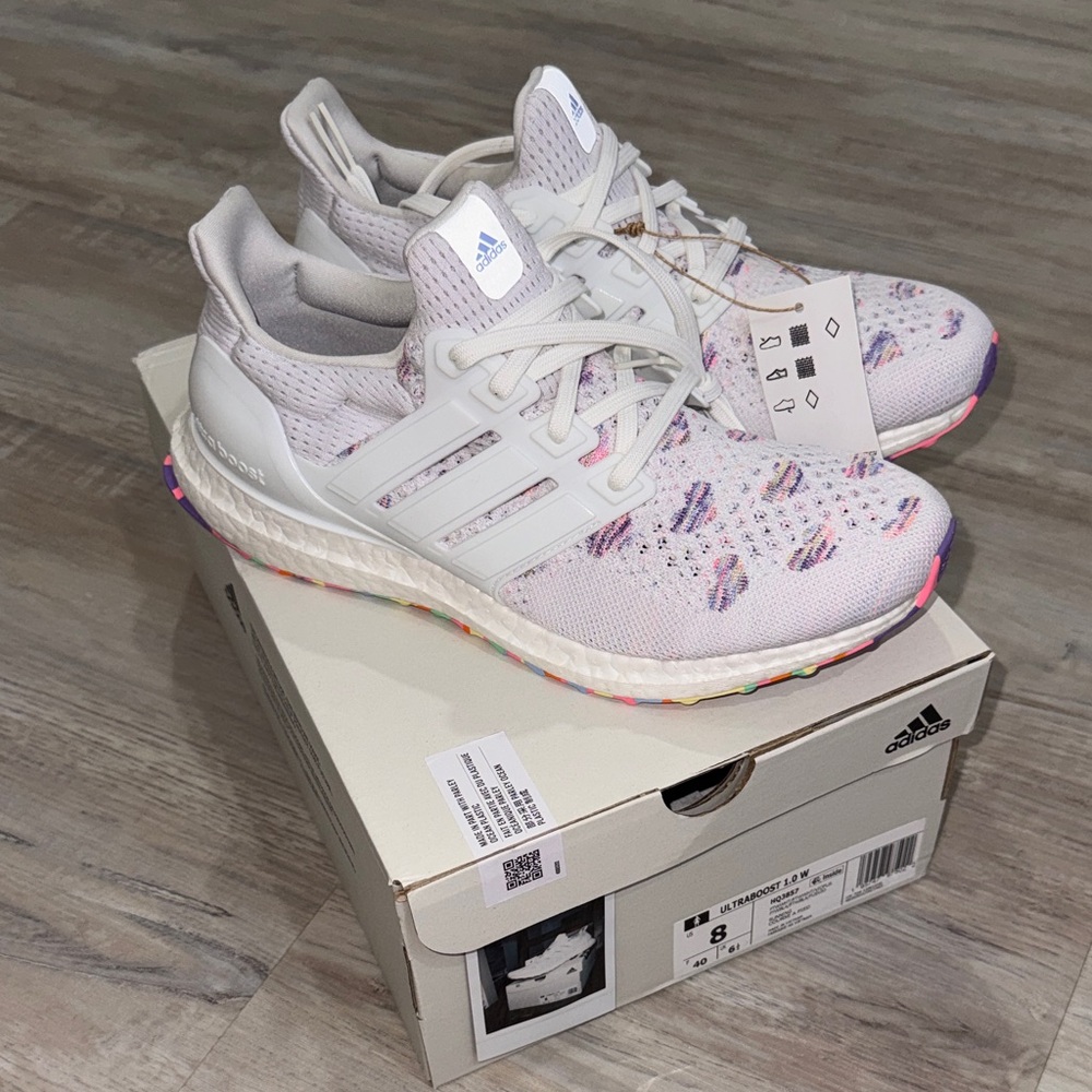 Adidas: Brand New with Tags - White and Pink Ultra Boost Shoes with Heart Design